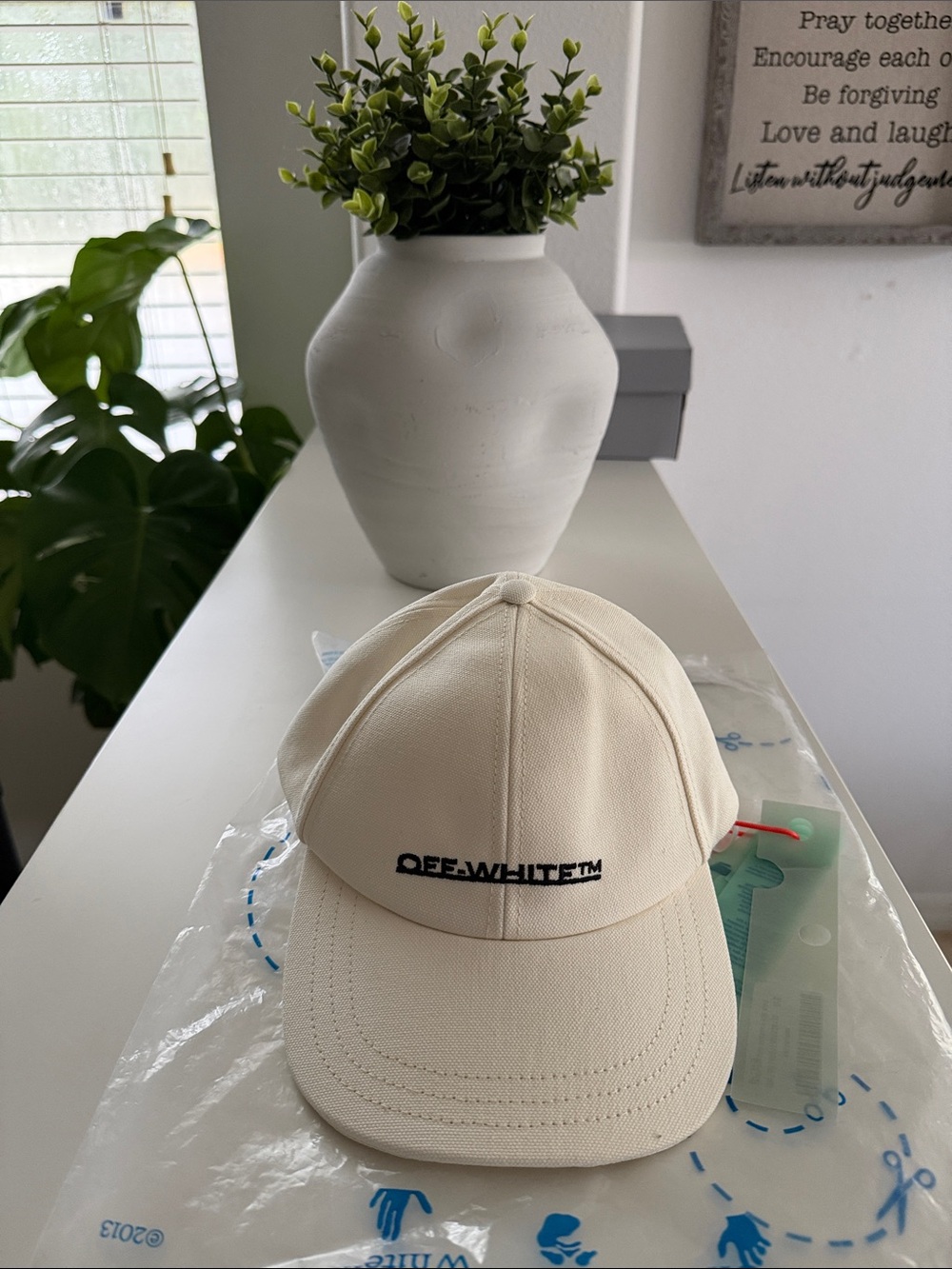 Off-White Cream Baseball Cap with Black Logo Embroidery